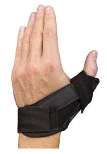 a thumb in a splint to after being treated for osteoarthritis